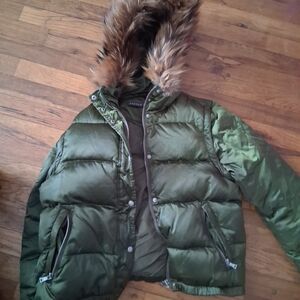 Andrew Marc Olive Puffer Jacket with Faux Fur Hood
